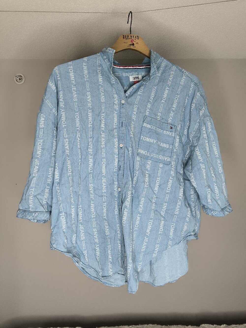 Tommy Hilfiger Light Blue Logo-Print Casual Button-Down Retro Shirt XL